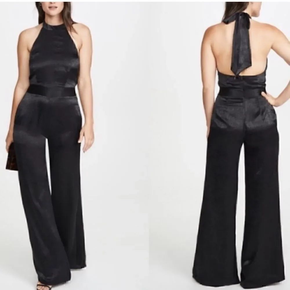 MISA LOS ANGELES Xandra Black Hammered Satin wide leg Halter jumpsuit Small NWT - Picture 4 of 12